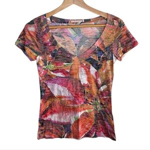 Y2K Before + Again | Colorful Boho Floral V-Neck Burnout Tee Size XS